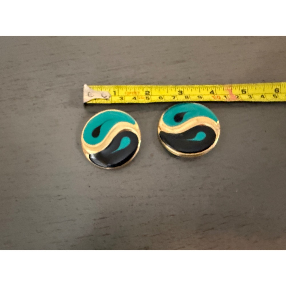 Vintage Gold Tone Teal Black Enamel Abstract Swirl Round Button Stud Earrings